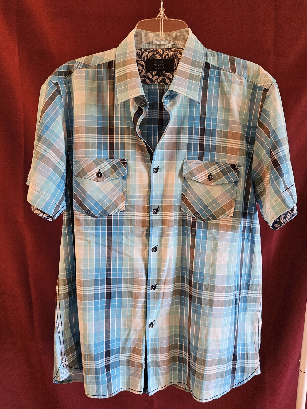 ORVIETO Checked Short-Sleeve Button-Up Shirt - Light Blue Plaid